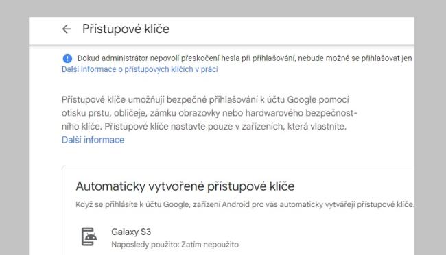 Nastavení přístupových klíčů v účtu Google