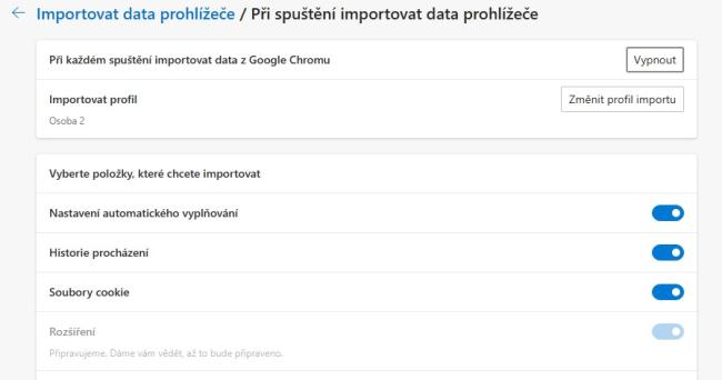 Import dat do prohlížeče Edge