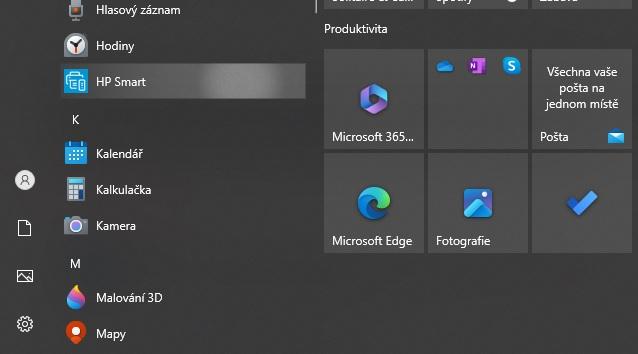 Aplikace HP Smart v nabídce tlačítka Start
