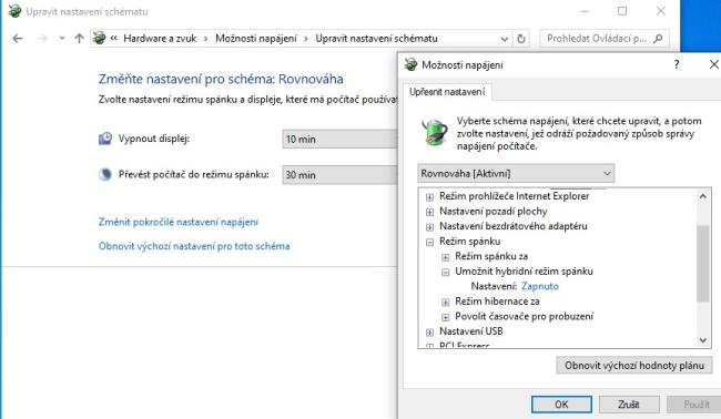 Nastavení energetických režimů Windows 10