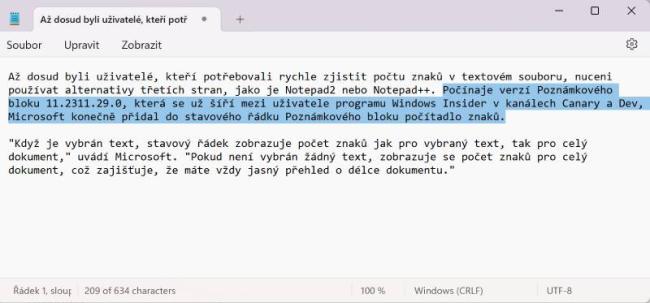 Notepad s pocitadlem znaku