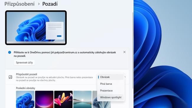 Funkce Windows Spotlight pro nastavení pozadí pracovní plochy