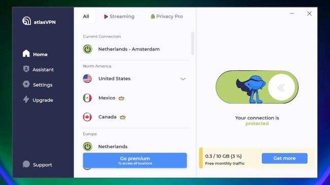 Atlas VPN a úvodní obrazovka