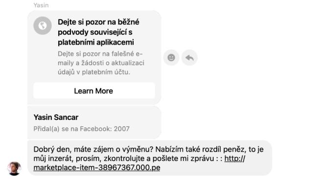 Ukázka podvodu na Facebook Marketplace