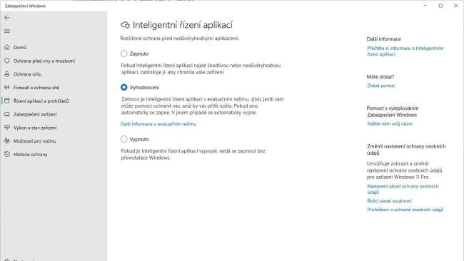 Okno pro nastavení funkce Inteligentního řízení aplikací ve Windows 11