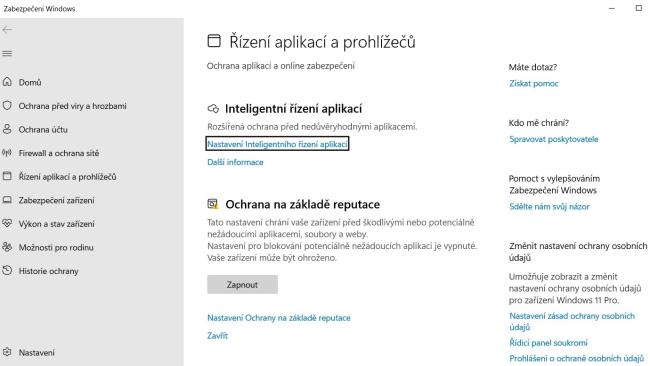 Okno s nastavením řízení aplikací a prohlížečů ve Windows 11