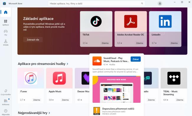 Okno aplikačního obchodu Microsoft Store