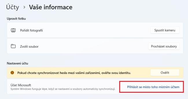 Změna účtu Microsoft na místní účet v Nastavení systému