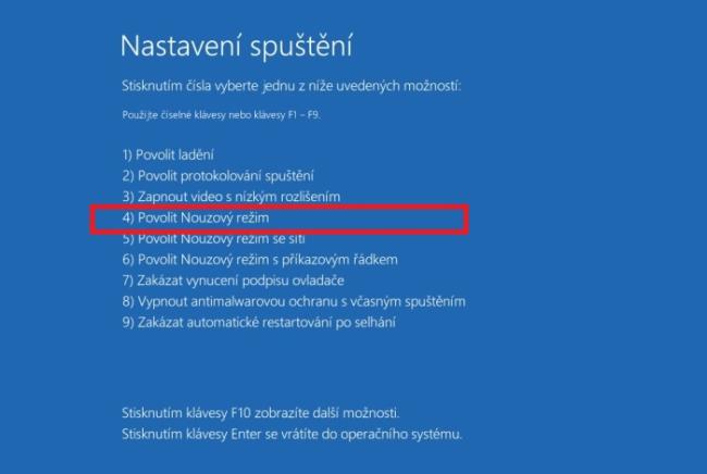 Nabídka nouzového režimu spuštění Windows