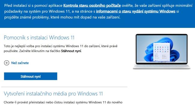 Stránka Microsoftu s podporou instalace systému Windows