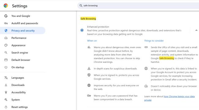 Funkce Safe Browsing v nastavení prohlížeče Chrome
