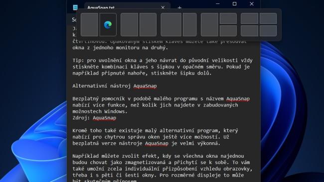 Možnosti rozvržení oken pomocí Snap Windows